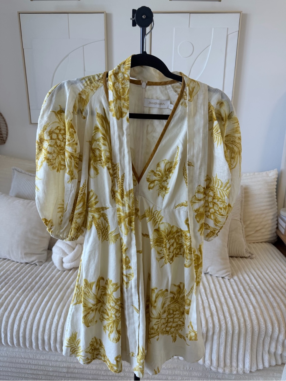 Zimmermann Ivory & Mustard Floral Puff Sleeve Mini Dress – Size 0